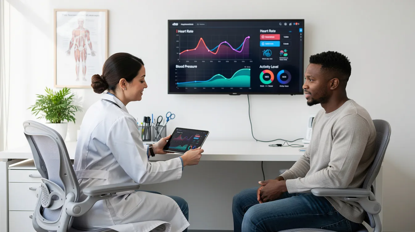 A clinician is seated at a modern desk in a medical office, reviewing health metrics such as body fat percentage and body mass index with a patient. The atmosphere conveys a focus on assessing body composition and promoting weight loss for better health outcomes.