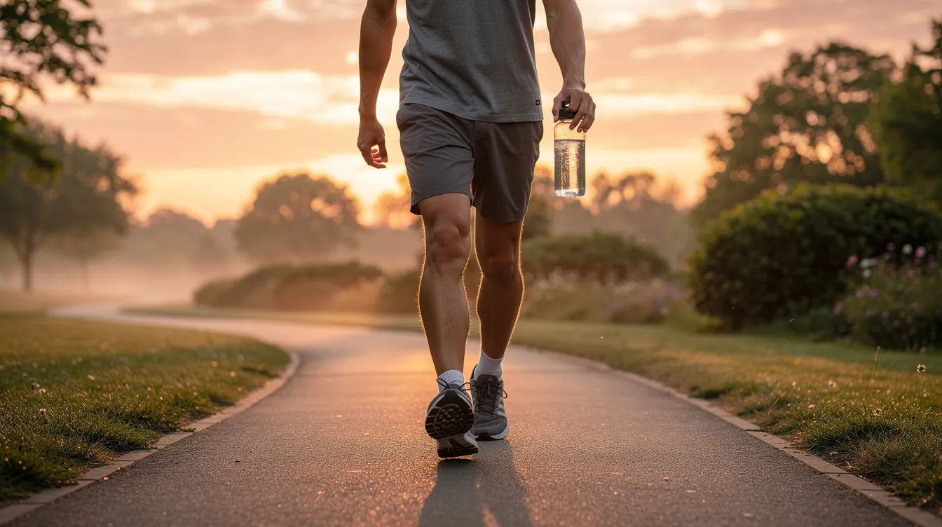A person is walking on a quiet path at sunrise, wearing athletic shoes and carrying a water bottle, symbolizing a commitment to physical activity and weight loss. The serene setting highlights the importance of maintaining a healthy body composition and reducing excess body fat through regular exercise.