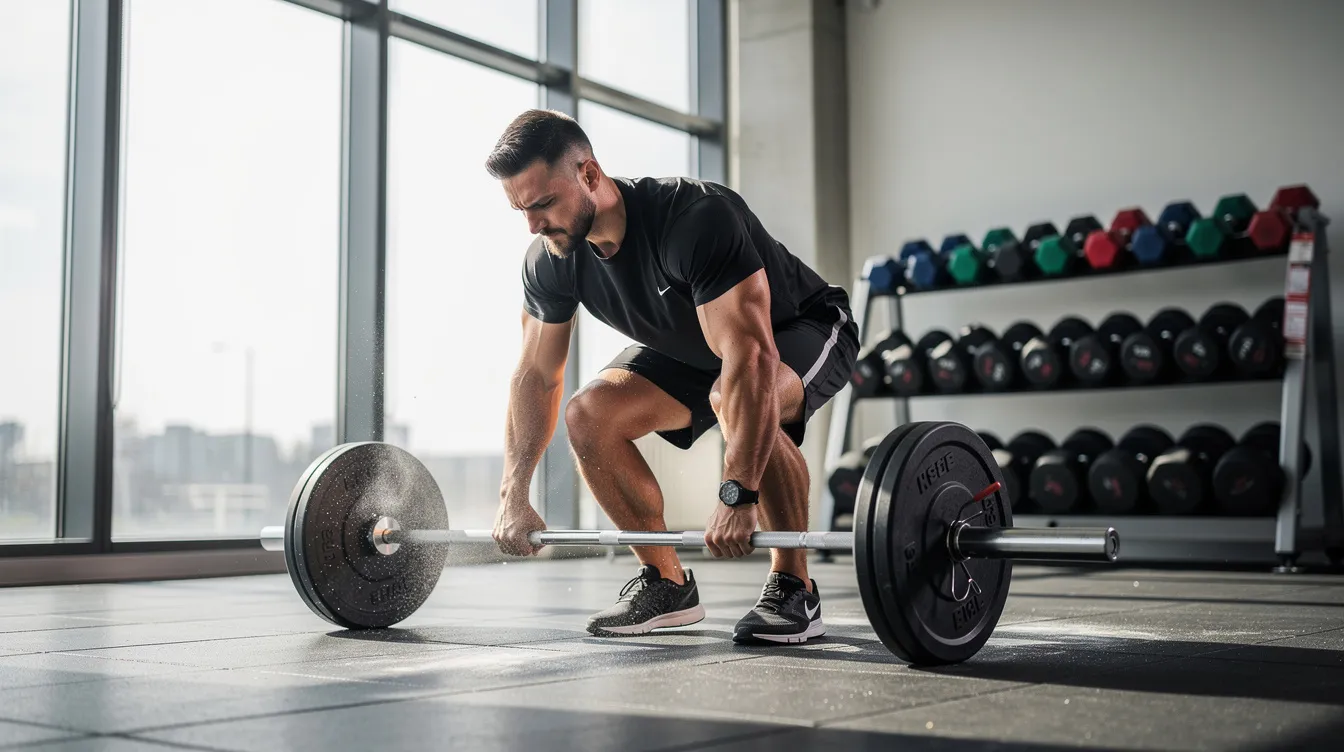 An athlete is lifting weights in a bright and clean training facility, showcasing their dedication to fitness and weight loss. The natural light illuminates their muscular physique, highlighting their body composition and commitment to maintaining a healthy body fat percentage.